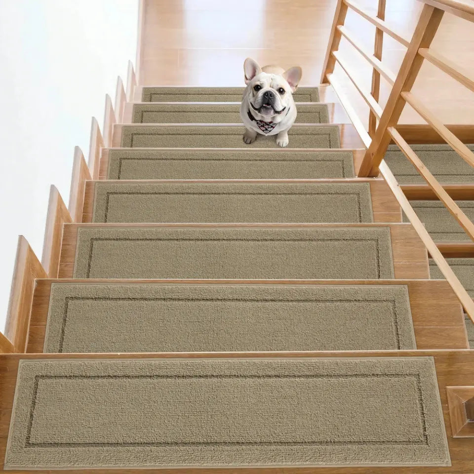 15pcs Beige Bordered Non-Slip Stair Treads