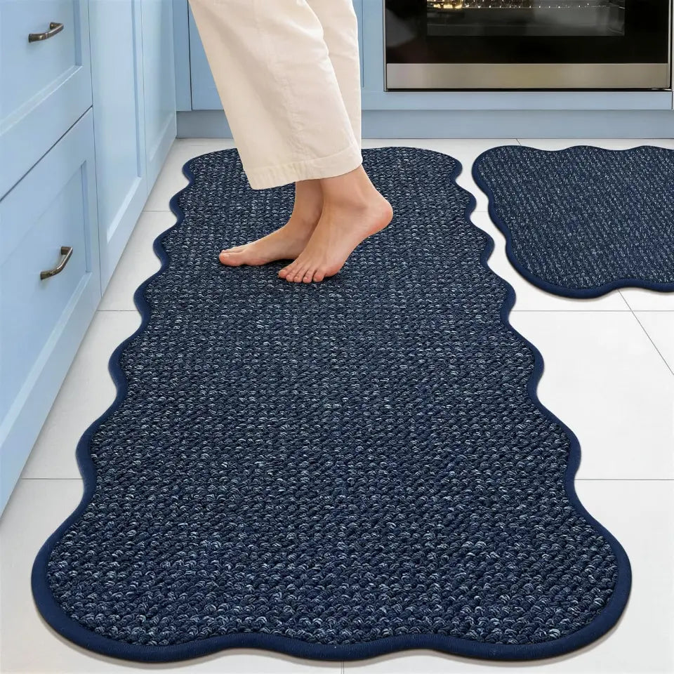 17x30 17x48 Blue Scalloped Edge Kitchen Rugs