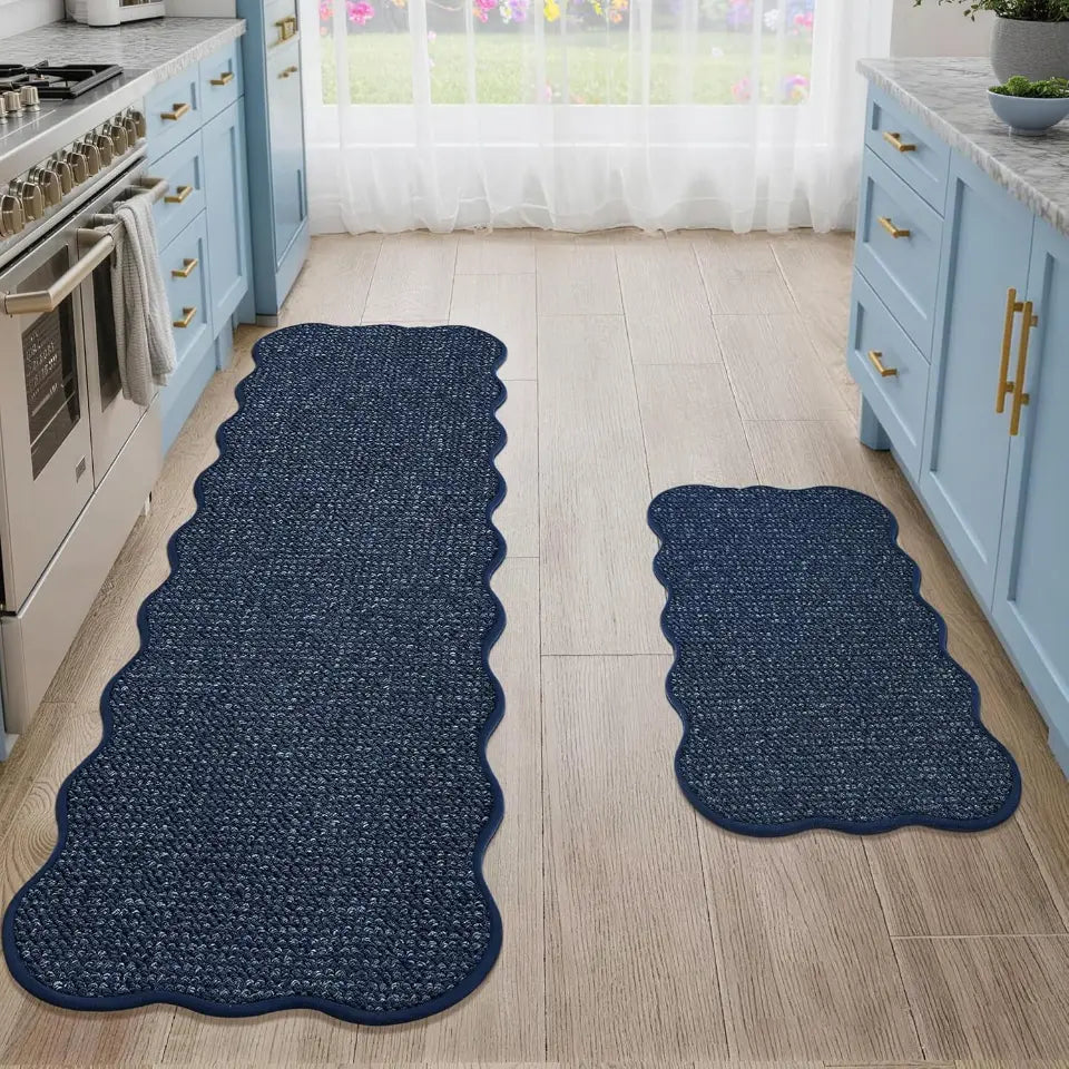 17x30 17x60 Blue Scalloped Edge Kitchen Rugs