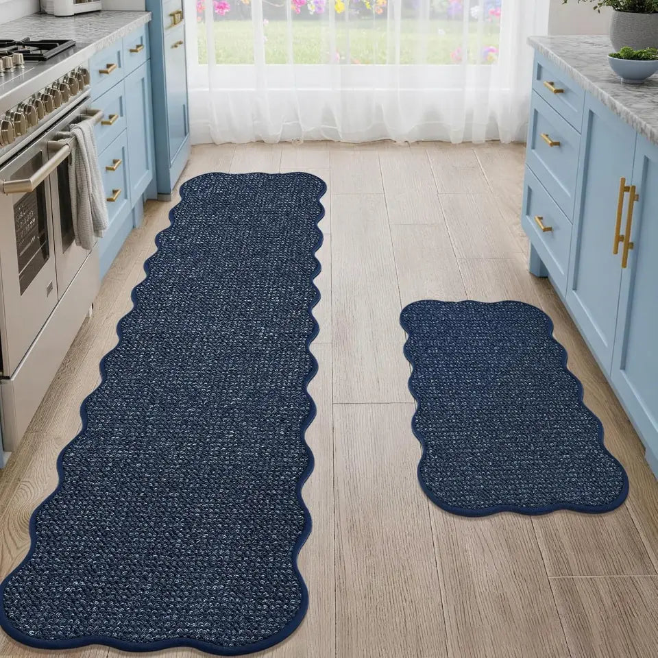 17x30 17x72 Blue Scalloped Edge Kitchen Rugs