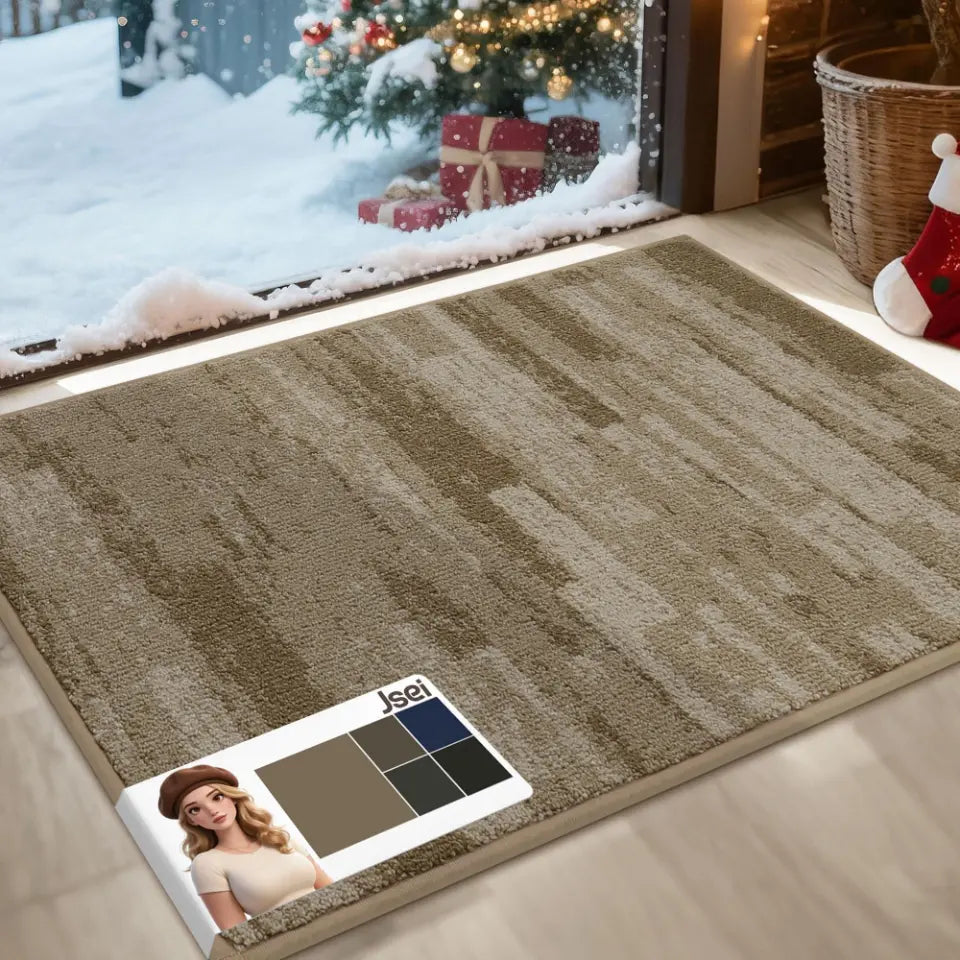 Beige striped rug  on a wooden floor, Christmas decorations in the background.