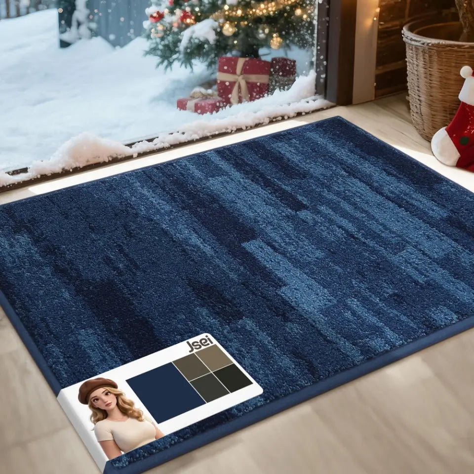 Blue textured rug on a wooden floor, Christmas decorations in the background.