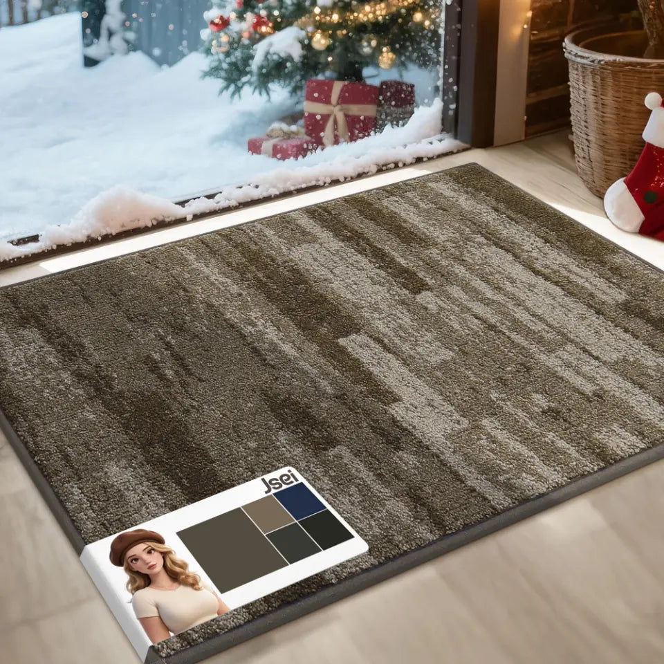 Brown textured rug in a room with Christmas decorations.