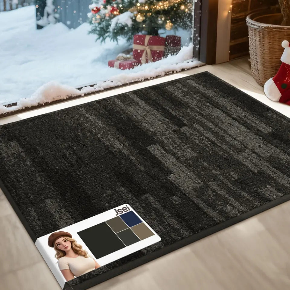 Dark Grey textured rug on a wooden floor, Christmas decorations outside.