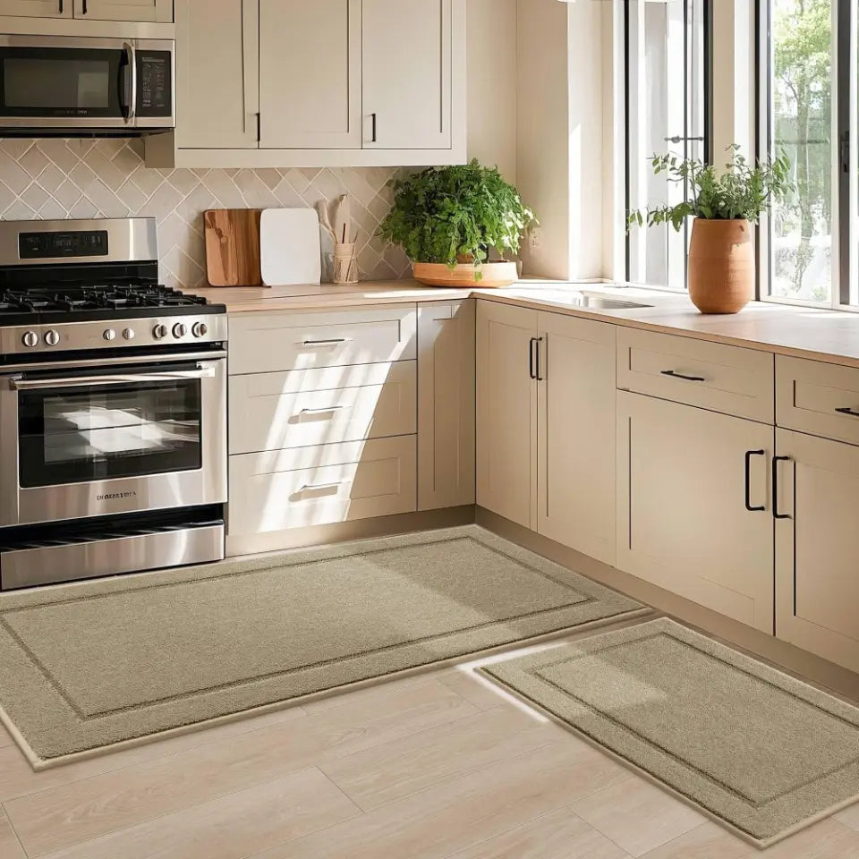 24x36 24x60 Beige Bordered Washable Absorbent Kitchen Mats
