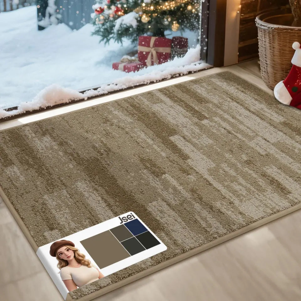 Beige doormat next to a snowy outdoor scene with Christmas decorations.