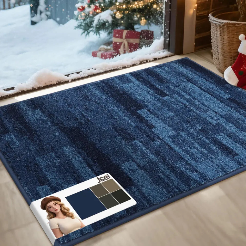 Blue textured rug on a wooden floor with a snowy outdoor scene and Christmas decorations.