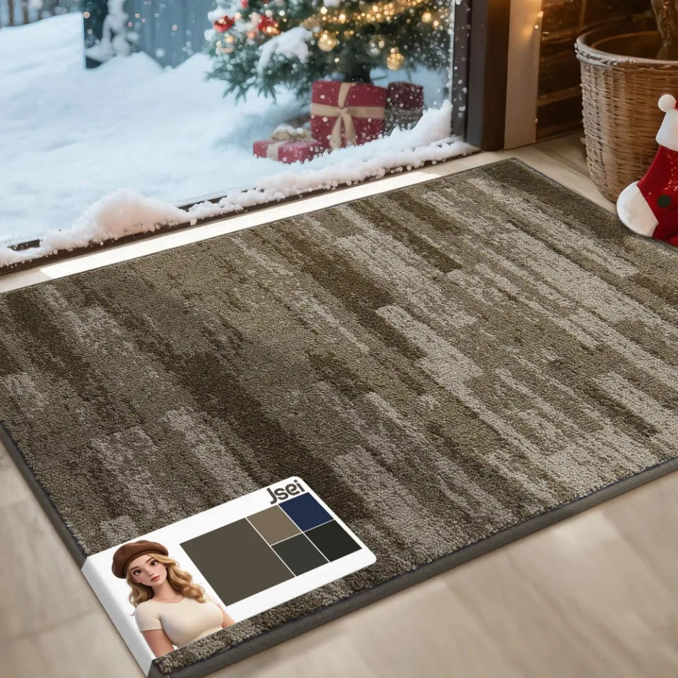 Textured brown rug on a wooden floor, Christmas decorations outside a window.