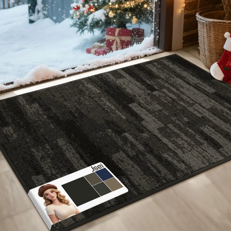 Dark grey patterned rug on a wooden floor with a Christmas-themed window in the background.