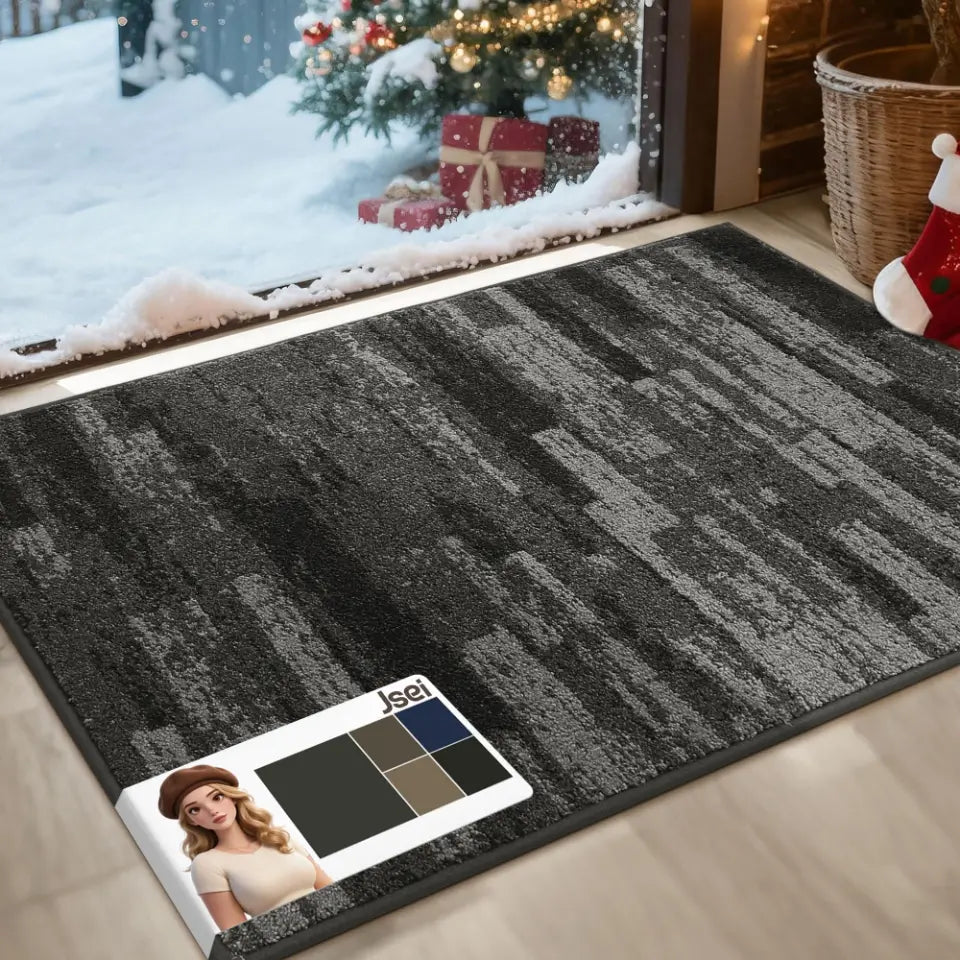 Light gray patterned rug on a wooden floor.