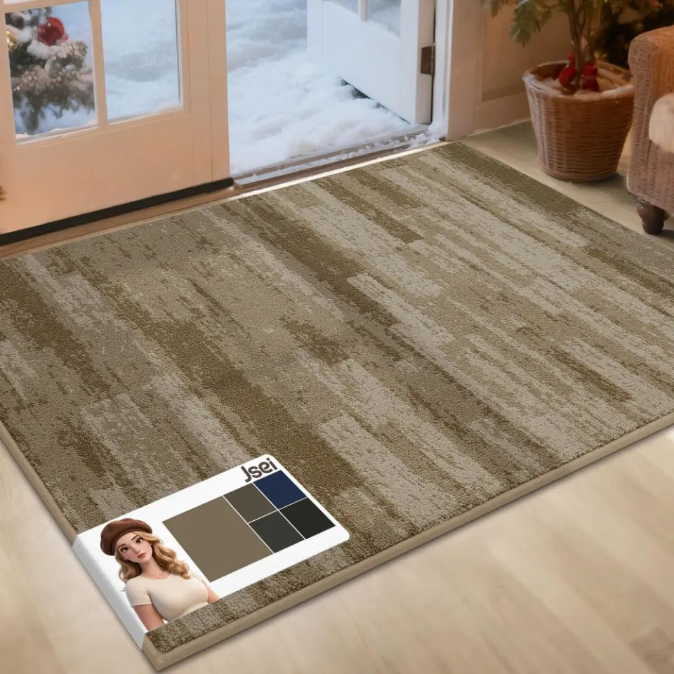 Textured rug with Jsei brand label in a room with a door leading outside.