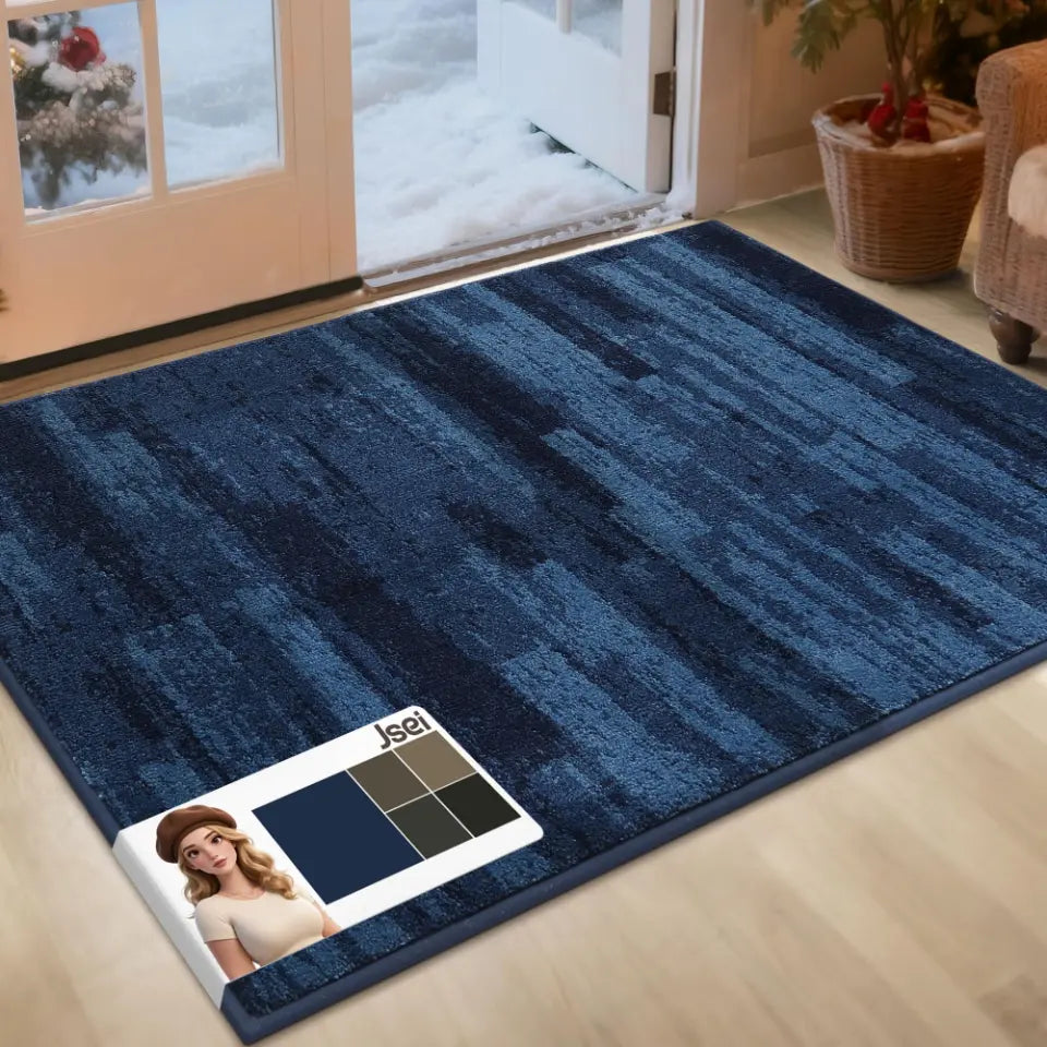 Blue textured rug on a wooden floor