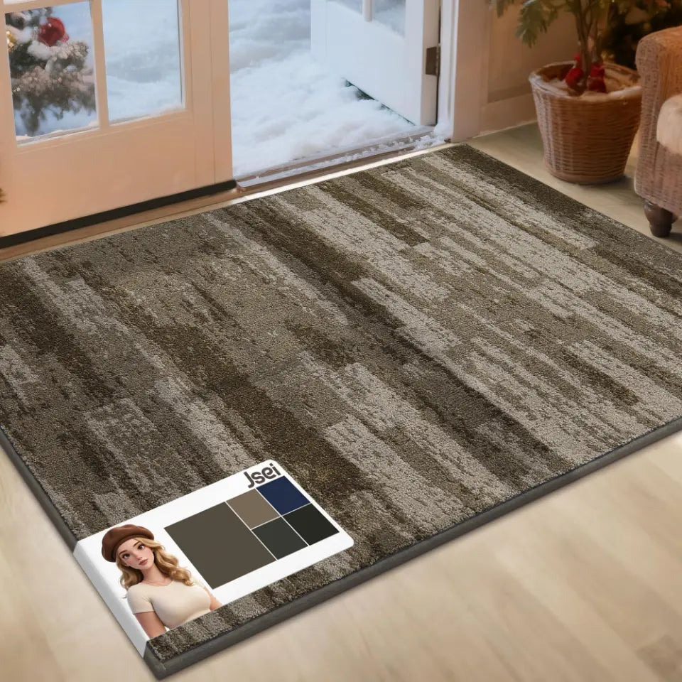 Brown patterned rug on a wooden floor