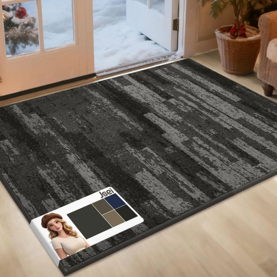 Light gray patterned rug on a wooden floor in the foreground.