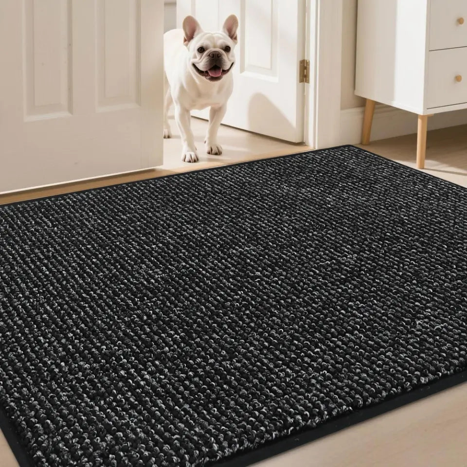 Black doormat in front of a white door with a dog ready to stand on the mat.