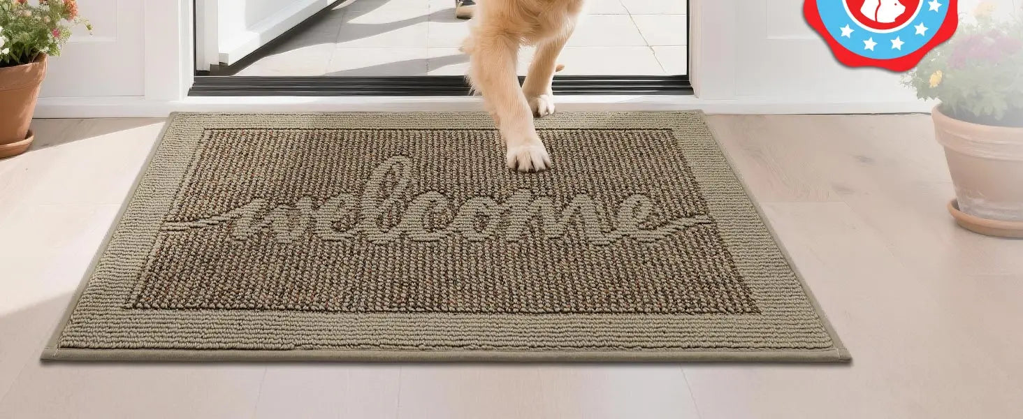 Beige Welcome Door Mat on Front Door Floor