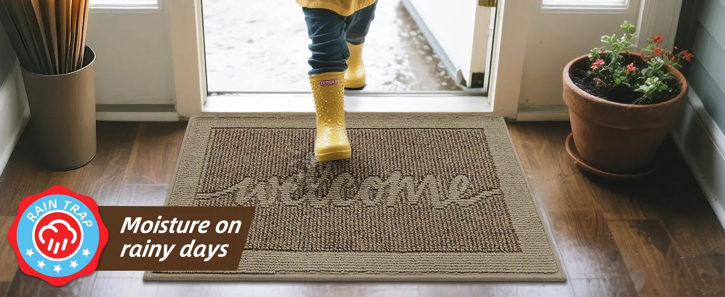 Beige Welcome Door Mat on Rain Day