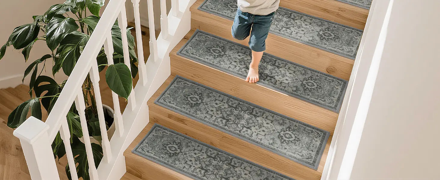 Boy Go Downstairs through Floral Stair Treads