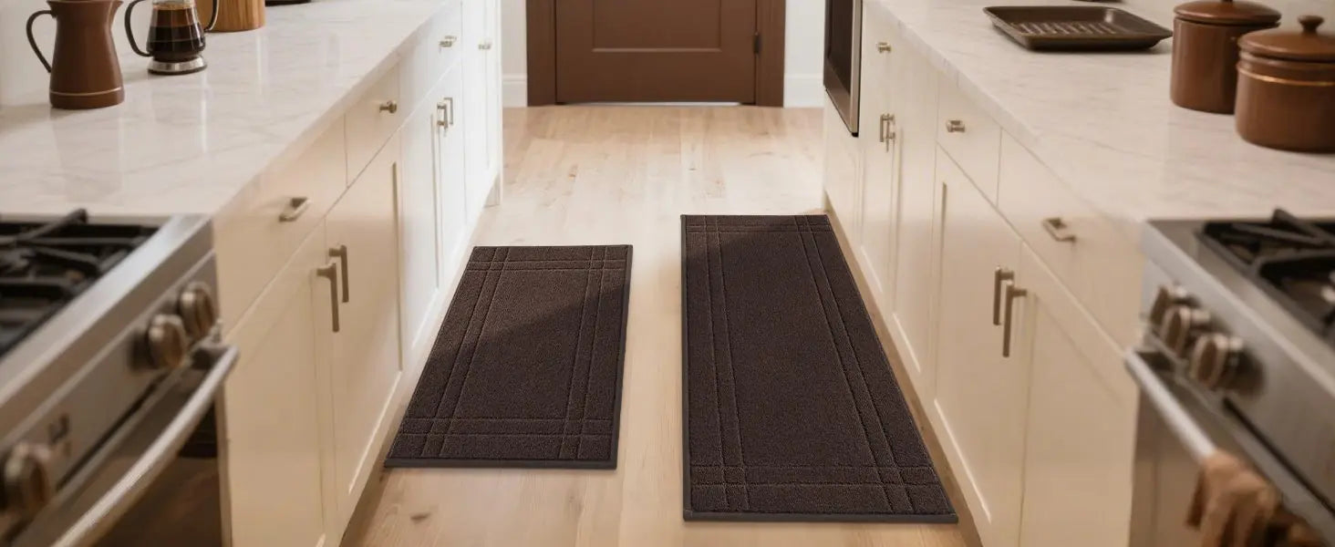 Brown Double Bordered Kitchen Scatter Rugs on Kitchen Floor