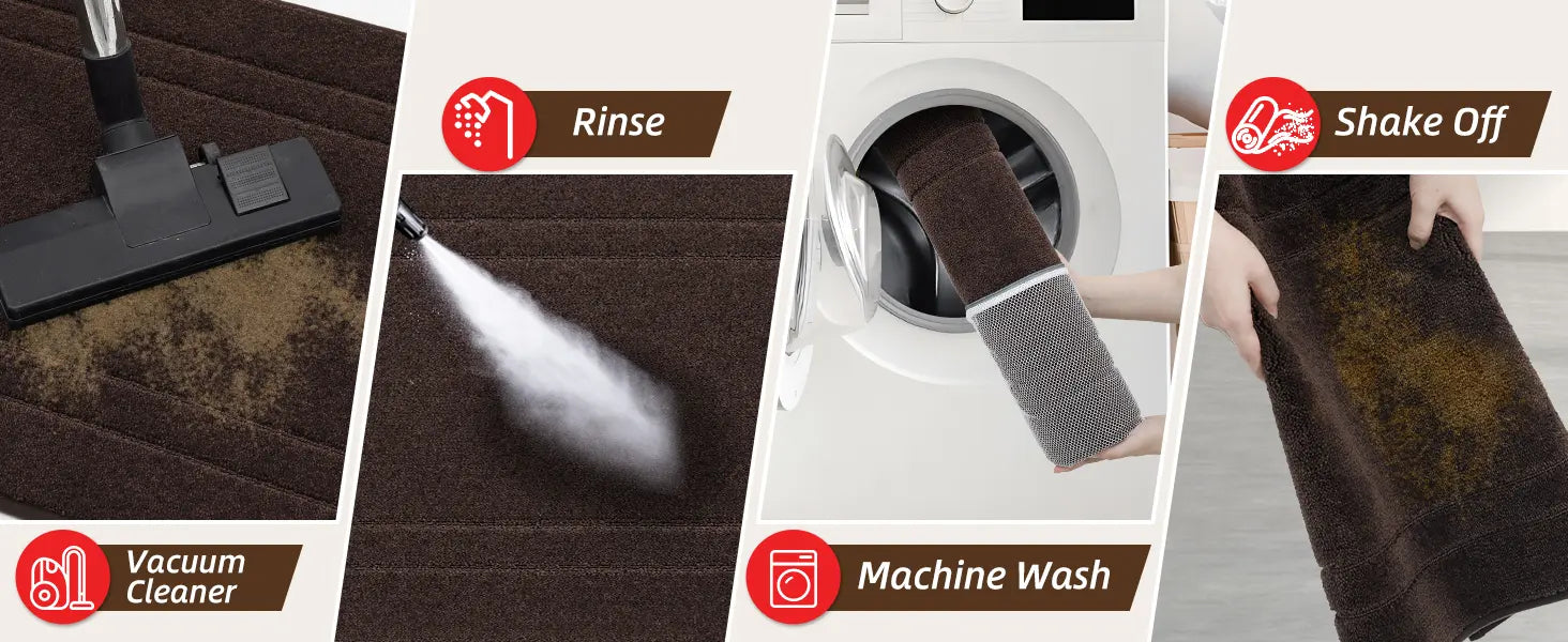 Cleaning tips of a kitchen carpet with various cleaning tools and methods.