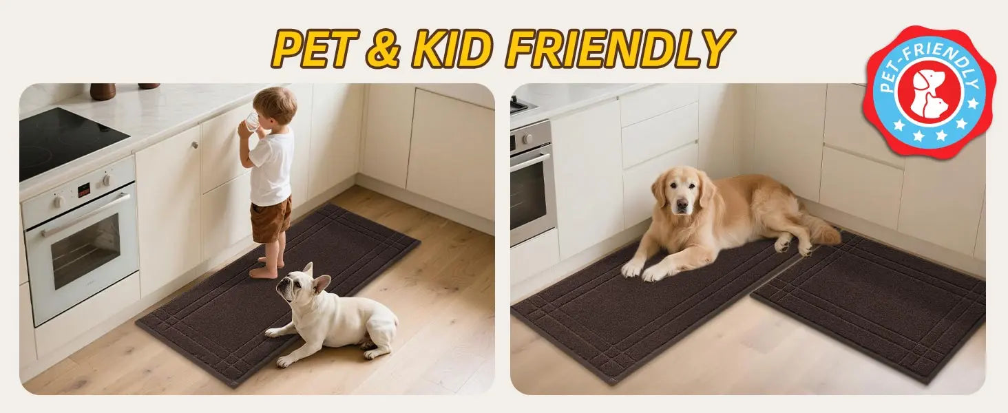 Pet and kid friendly mat in a kitchen with a child and dog on it.