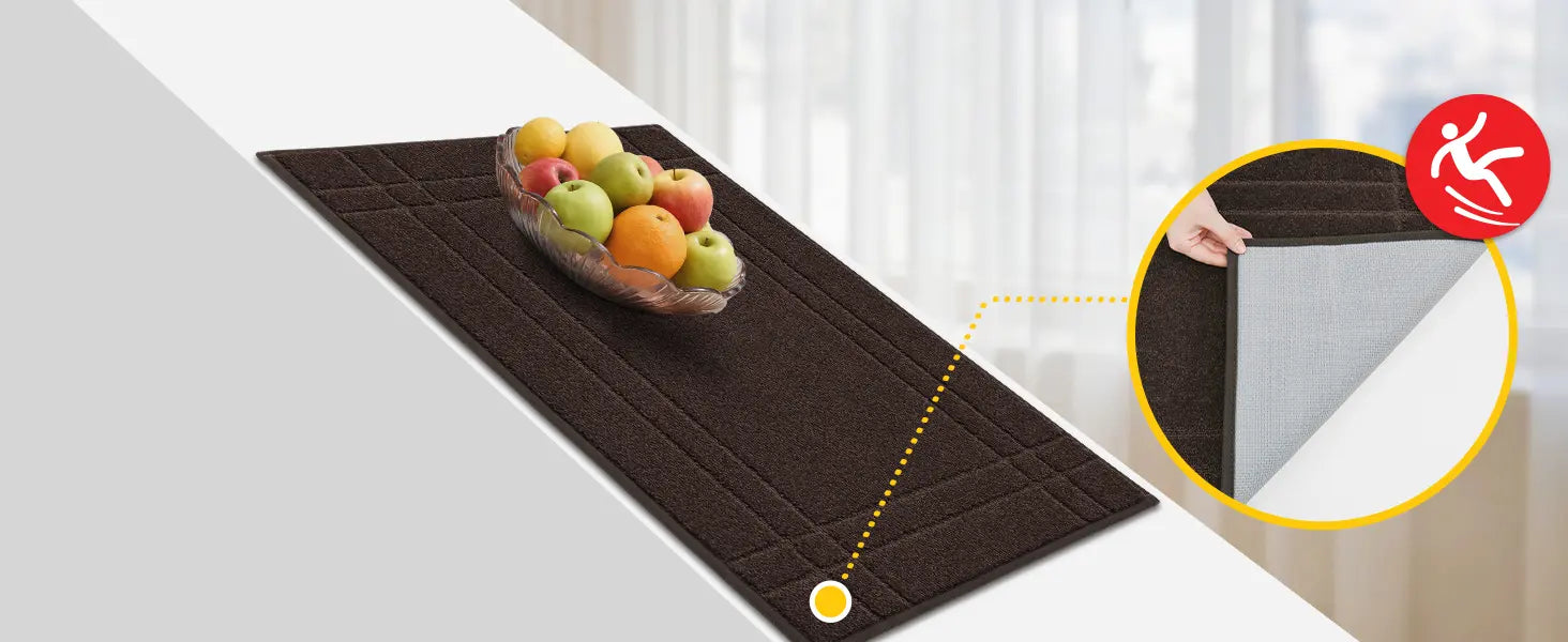 Brown mat with a bowl of fruit on a white surface, with an inset showing the non-slip backing of the kitchen mat.
