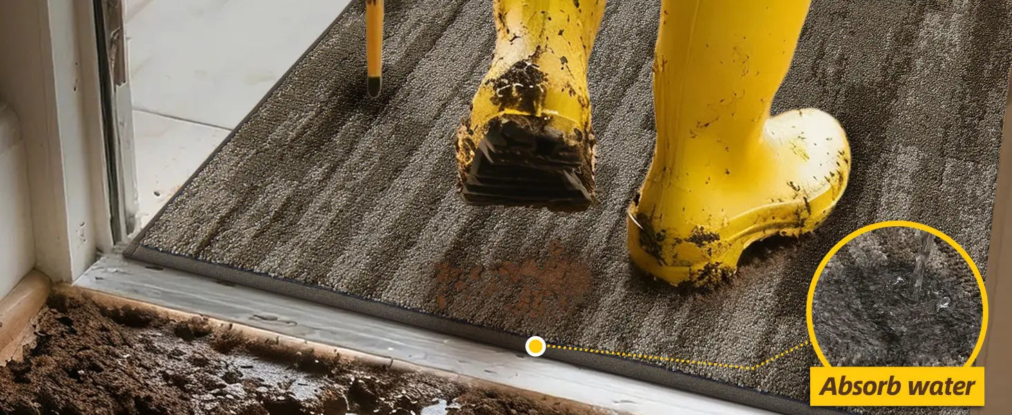 Yellow rubber boots stepping onto a textured mat with water absorption text.