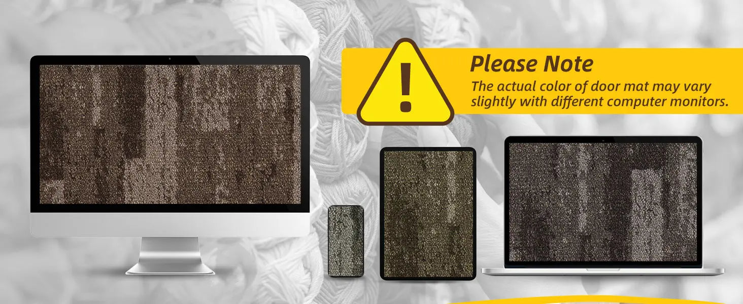 Computer monitor, tablet, and smartphone displaying a textured door mat with a warning label.
