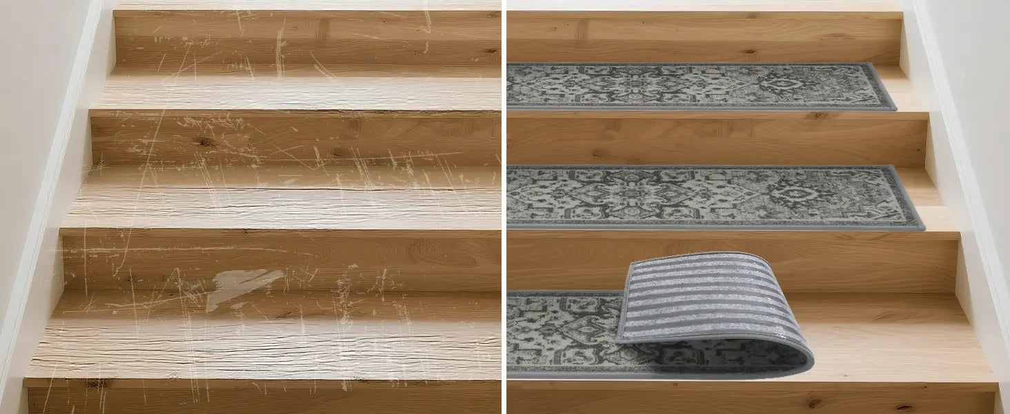 Comparing of the Staircase with and without Floral Stair Treads