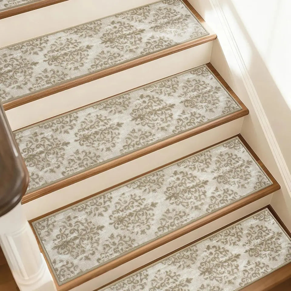 Cream Ivory Warm Taupe Floral Non-Slip Stair Treads