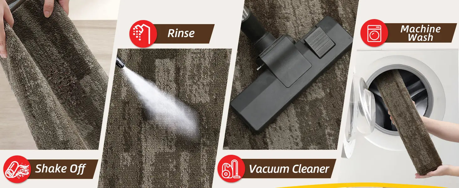 Steps for cleaning a carpet using a vacuum cleaner and cleaning solution.