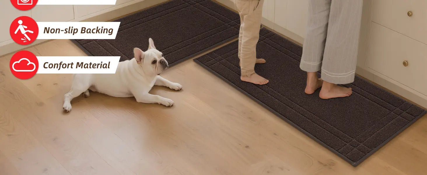 Dog lying on a brown mat with non-slip backing and comfort material features displayed.
