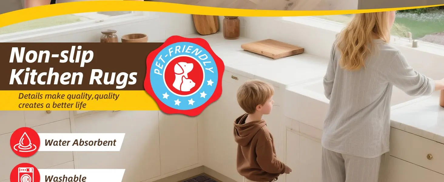 Advertisement for non-slip kitchen rugs with a family in a kitchen setting.