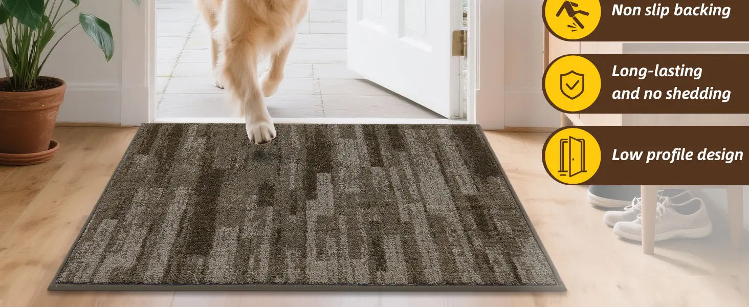 Gray patterned rug on a wooden floor with a dog walking on it, featuring product benefits text.