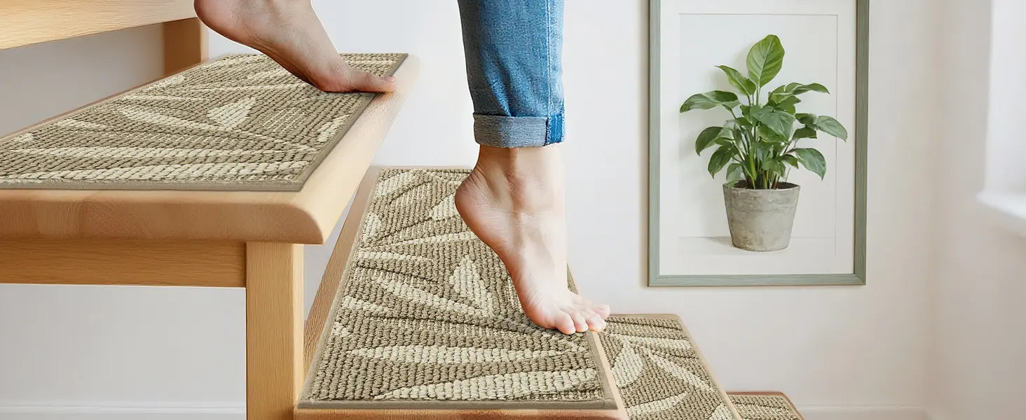 Feet on Modern Leaf Pattern Stair Treads