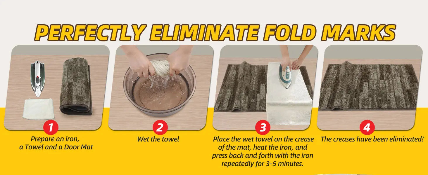 Step-by-step guide on how to eliminate fold marks using an iron, towel, and door mat.