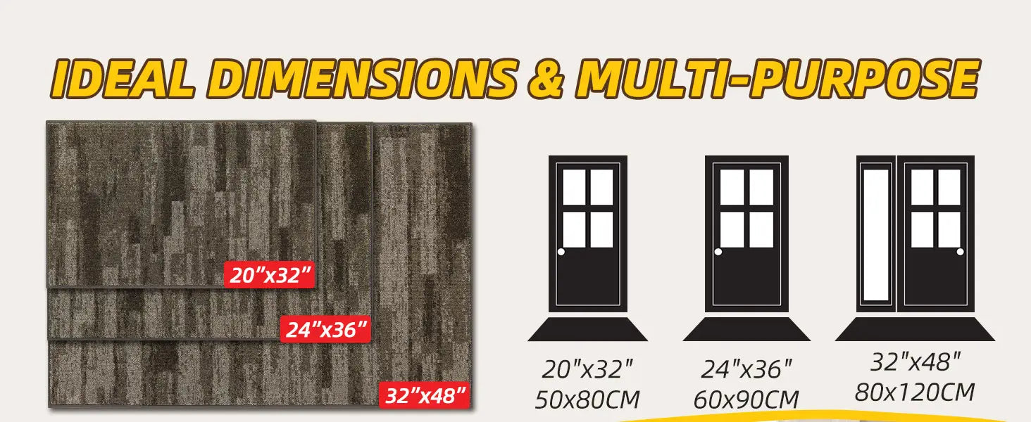 Textured material swatch with dimensions and multi-purpose applications shown on a white background.