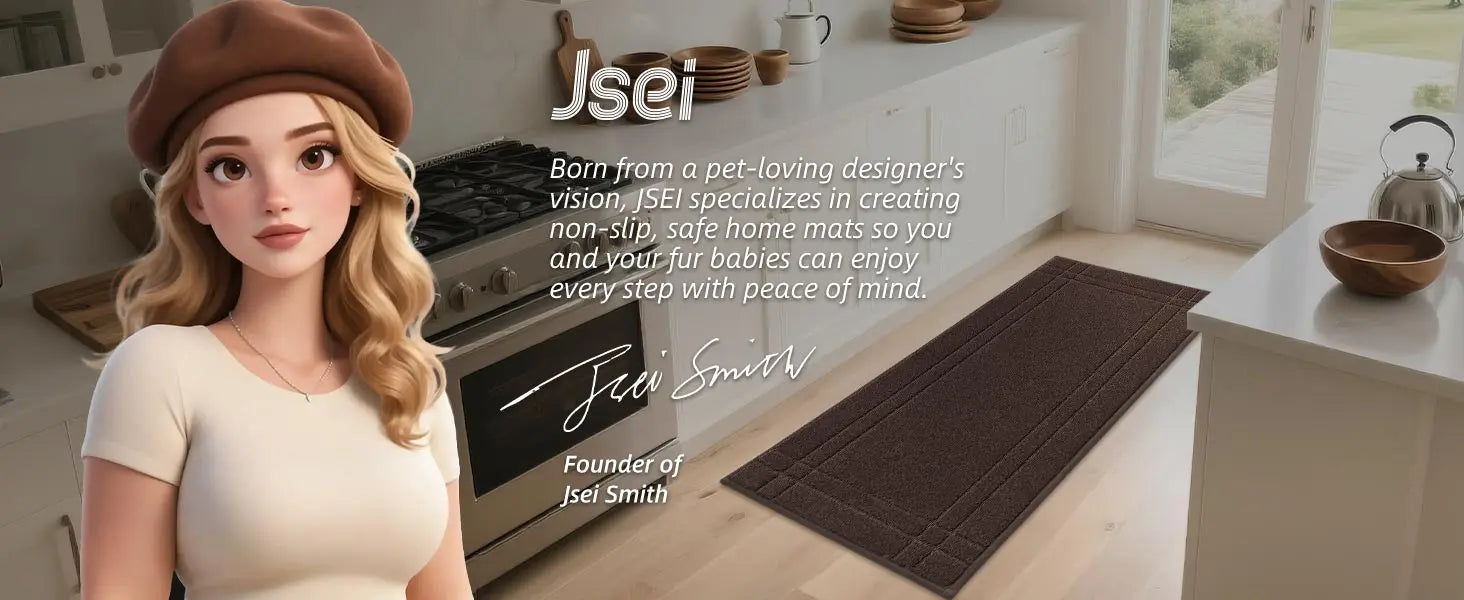 Woman standing in a kitchen with a Jsei branded mat, featuring the brand's mission statement.