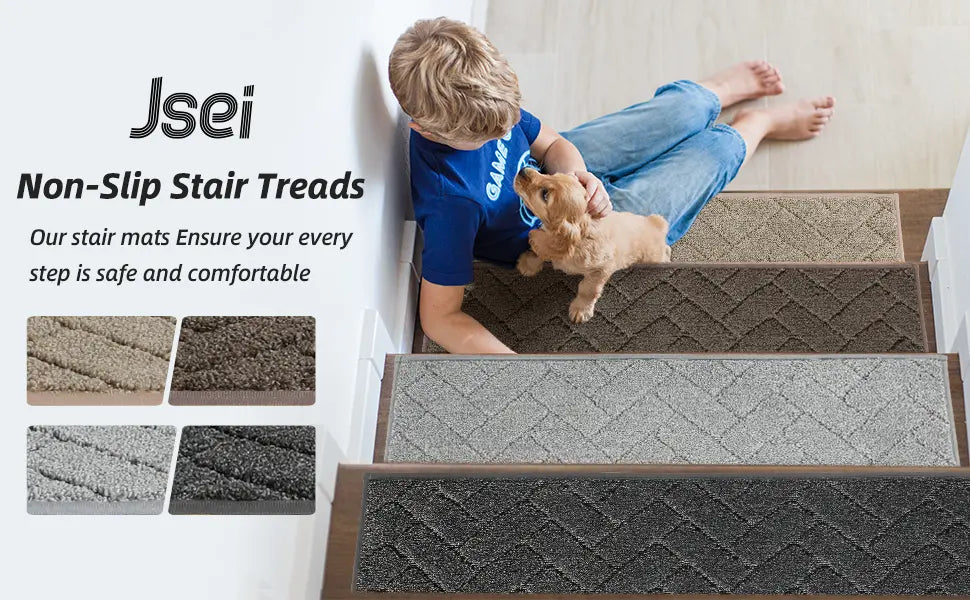 Kid and Dog Sitting on Herringbone Non-Slip Stair Treads
