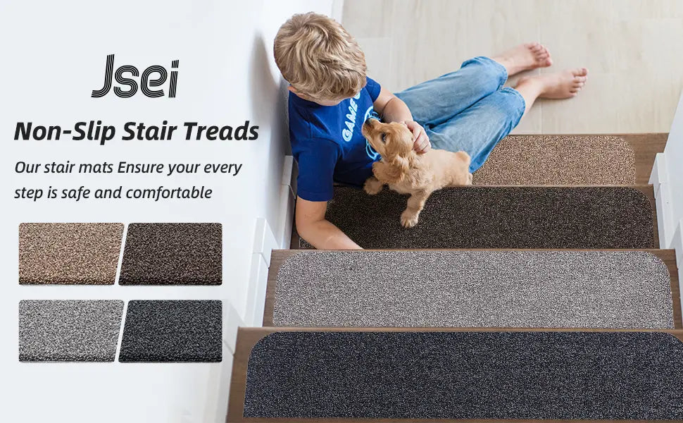 Kid and Dog Sitting on Plain Non-Slip Stair Treads