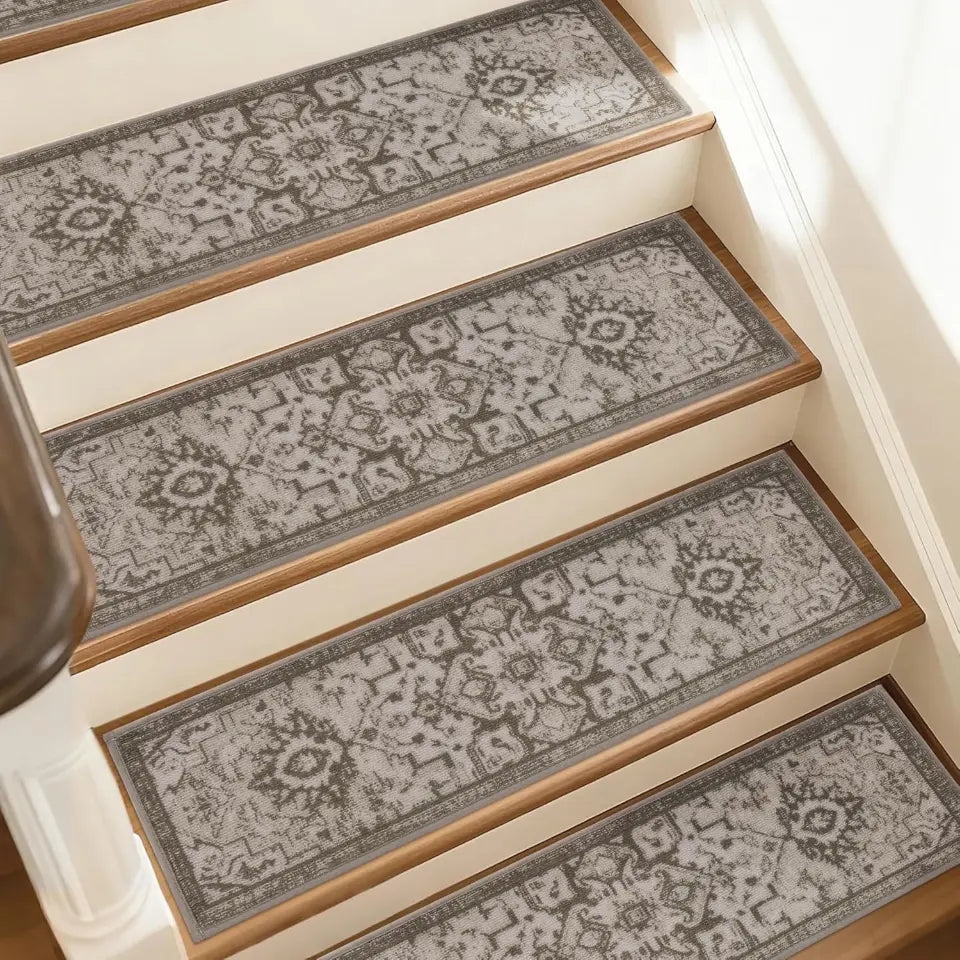 Light Grey Charcoal Grey Floral Non-Slip Stair Treads