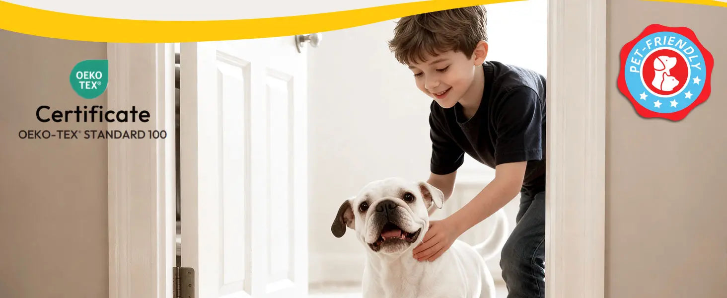 Child petting a dog with 'OEKO-TEX'  certification logos in the background.