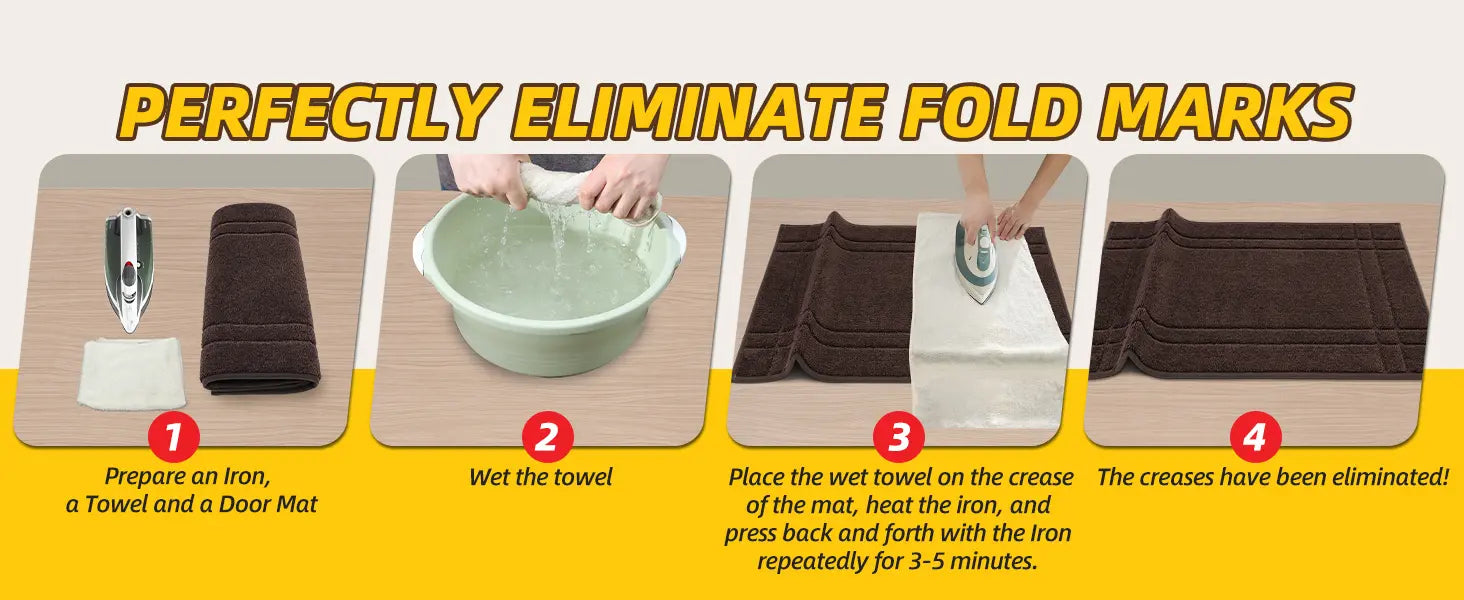 Step-by-step guide on how to eliminate fold marks using an iron, towel, and kitchen mat.