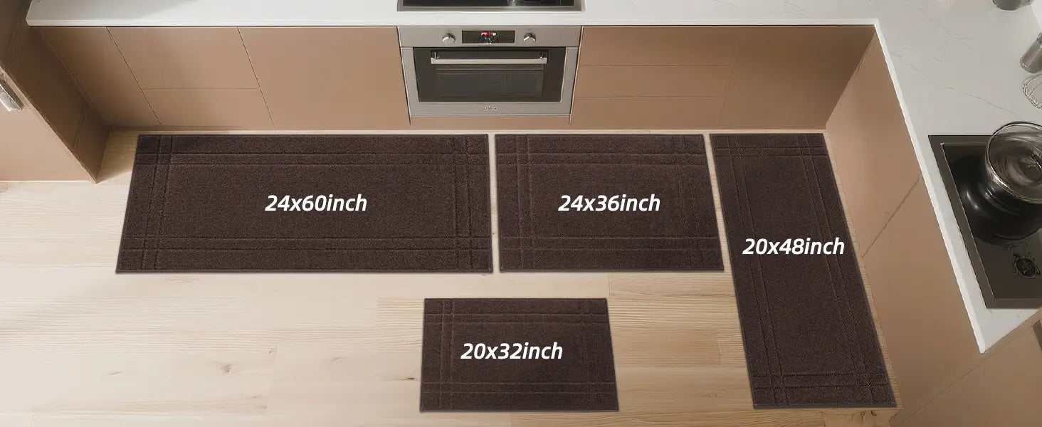 Four brown mats of different sizes on a kitchen floor.