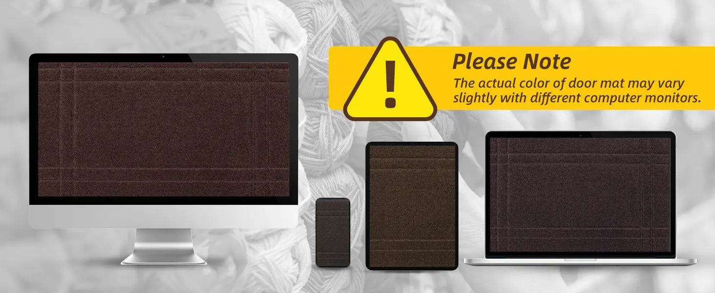 Computer monitor, smartphone, and tablet displaying a brown door mat with a warning label on a textured gray background.